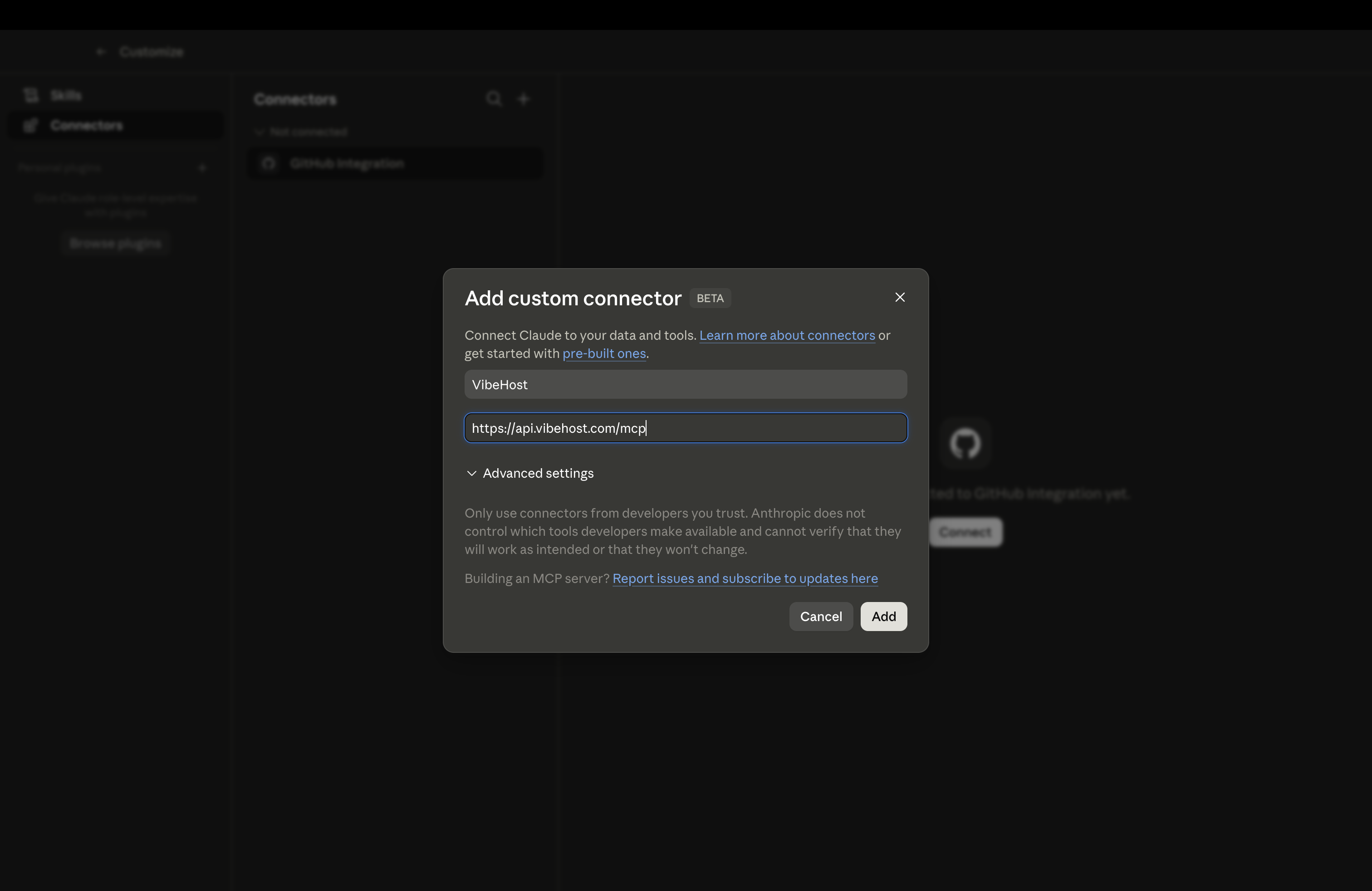 Add custom connector dialog — filled in