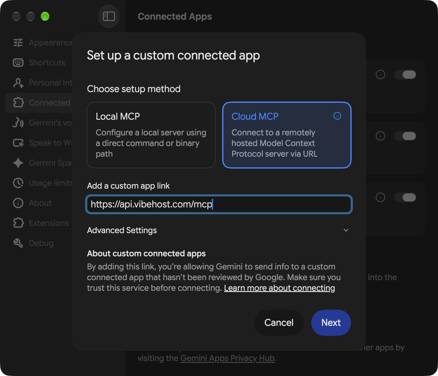 Add custom app dialog with the VibeHost MCP URL filled in