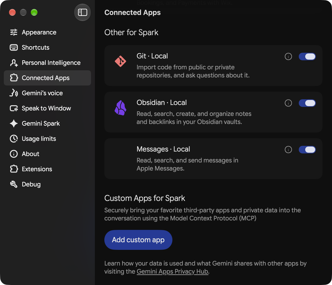 Gemini Connected Apps settings — Custom Apps for Spark