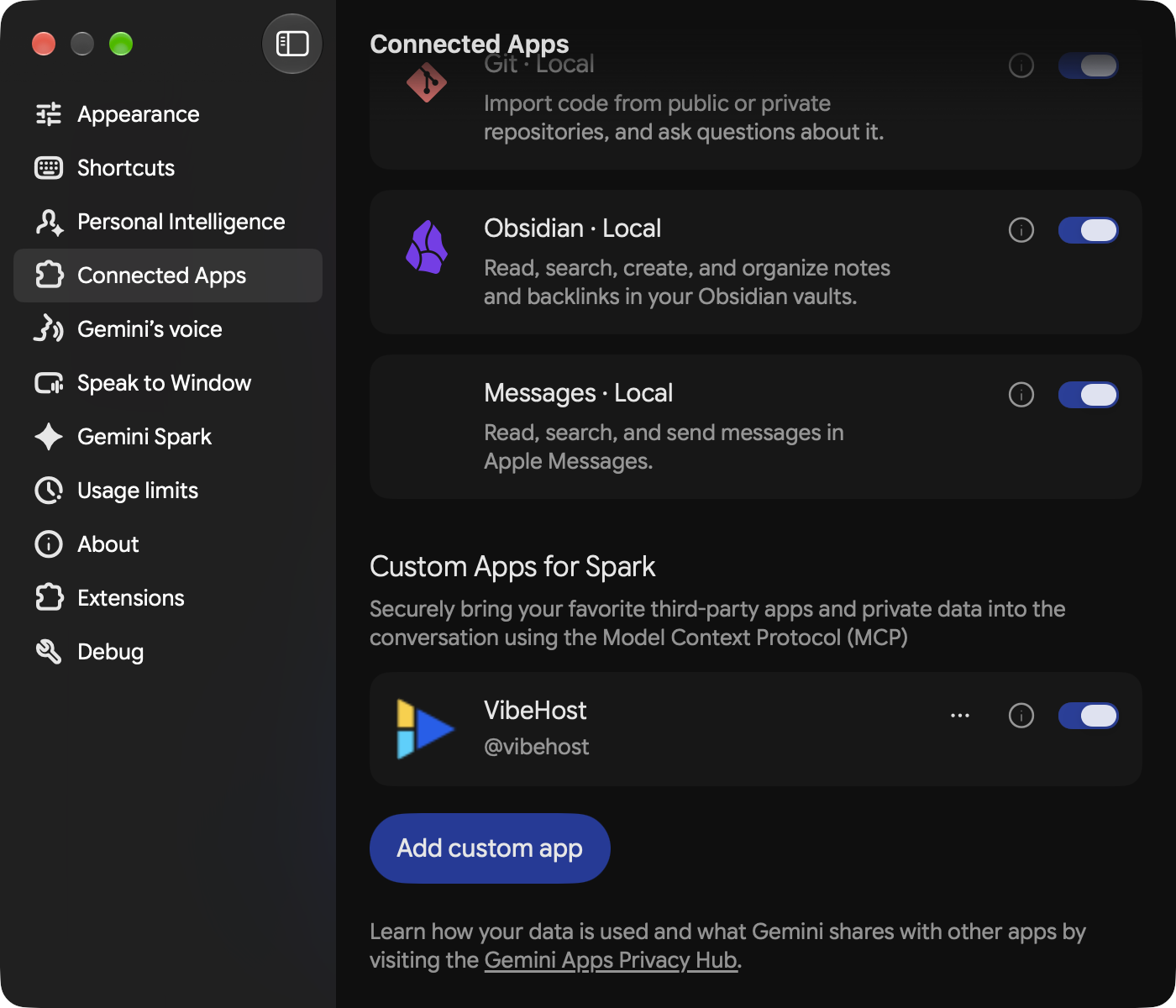 VibeHost listed under custom apps as VibeHost @vibehost