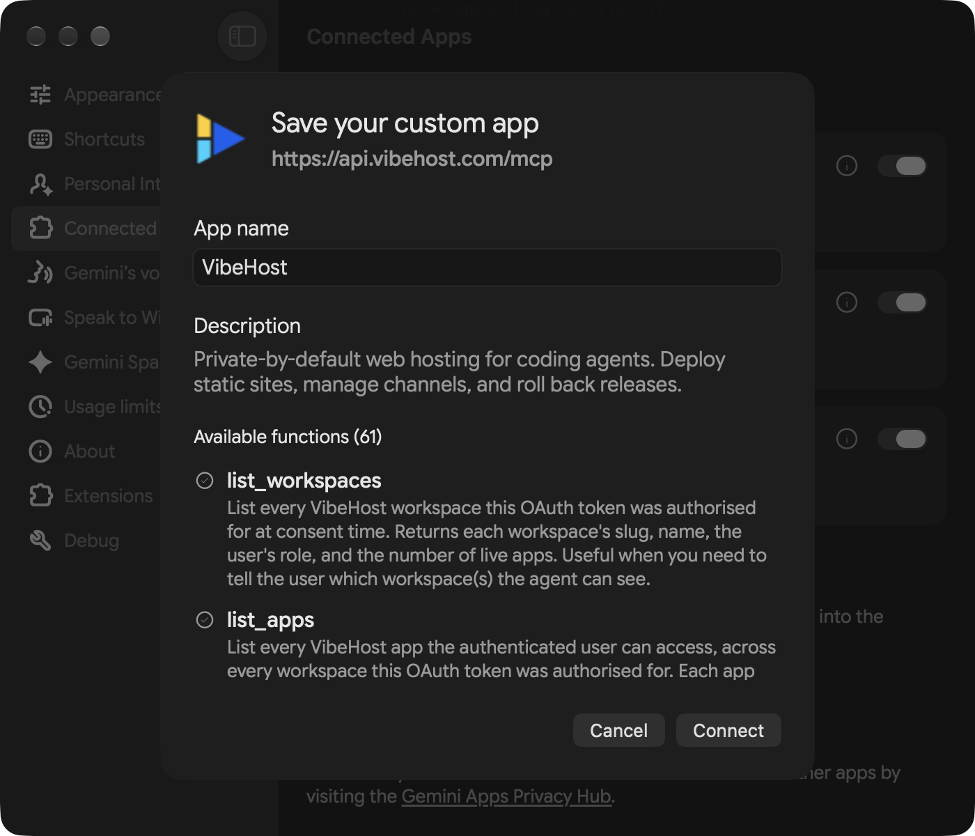 Save your custom app dialog listing VibeHost's name, description and functions